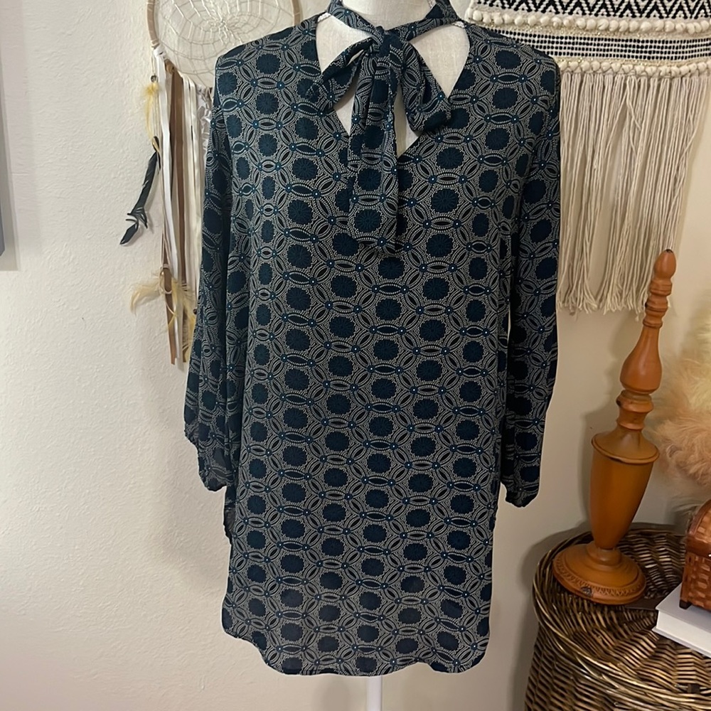 Bold Patterned Tie Front Top by Allison Joy / Size Medium/ High Low Long Shirt